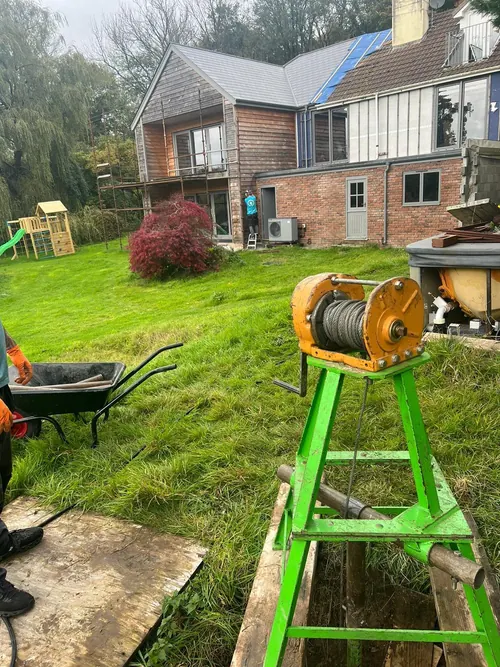 Taunton Drain Rescue winch rig set up over a drain in a customer's garden